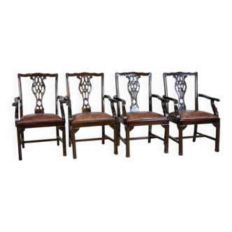 Late-19th Century English Walnut Chairs with Leather Upholstery, 1920s, Set of 4