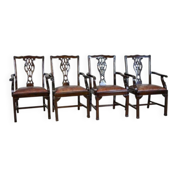 Late-19th Century English Walnut Chairs with Leather Upholstery, 1920s, Set of 4