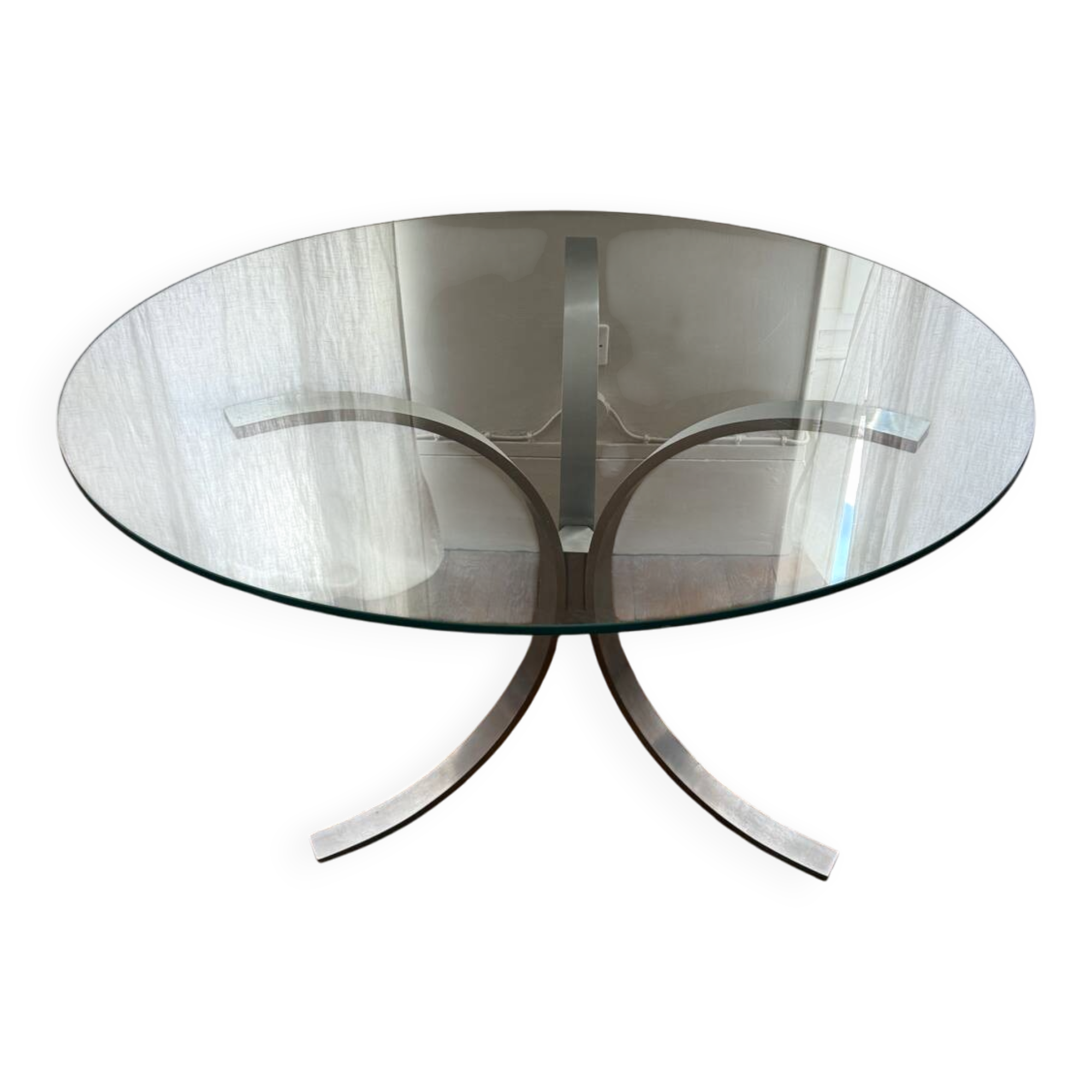 Table ronde en verre et acier, années 70