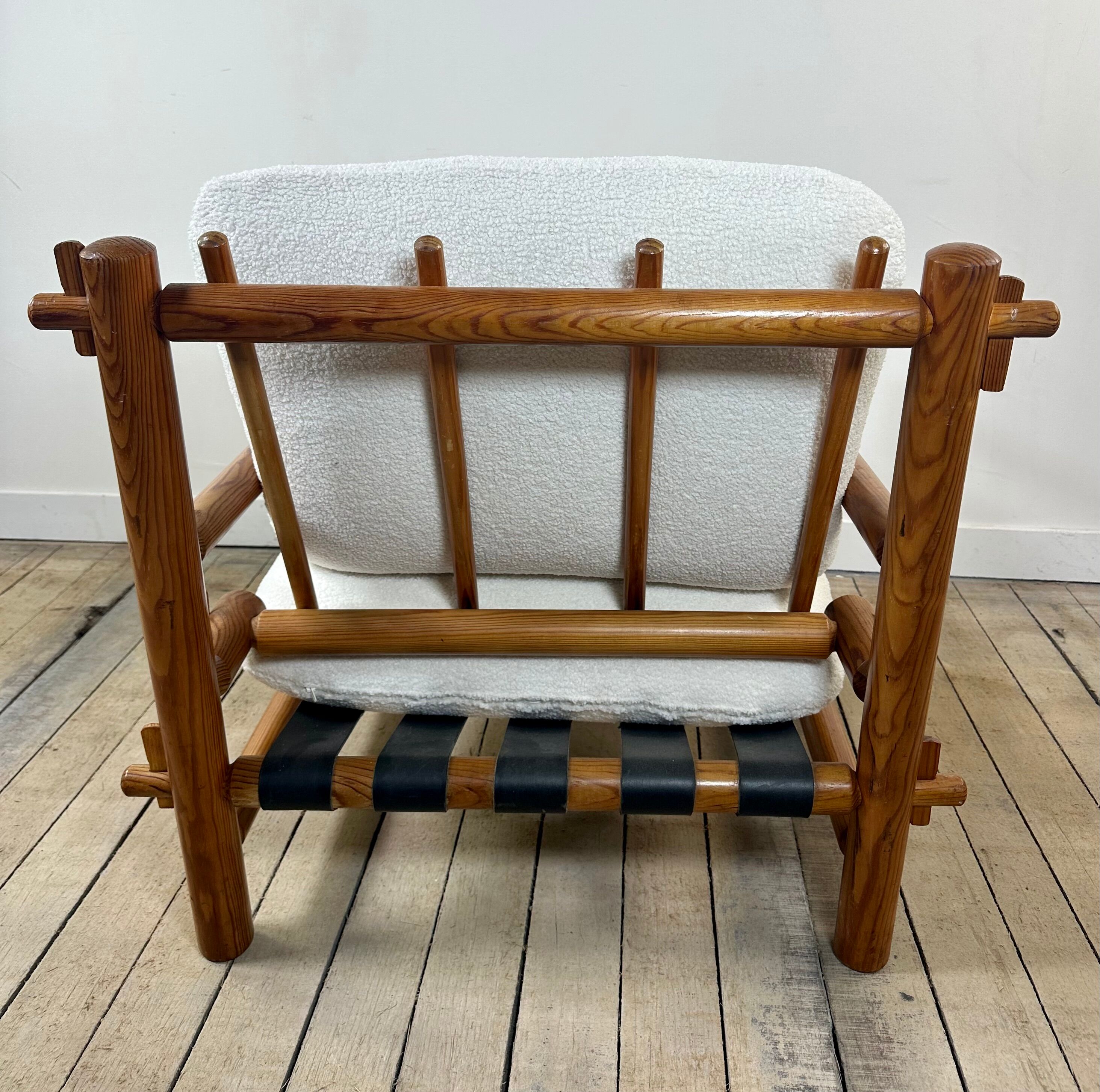 Vintage Lounge Armchair Solid Pine 1970 Boucle Fabric Ecru