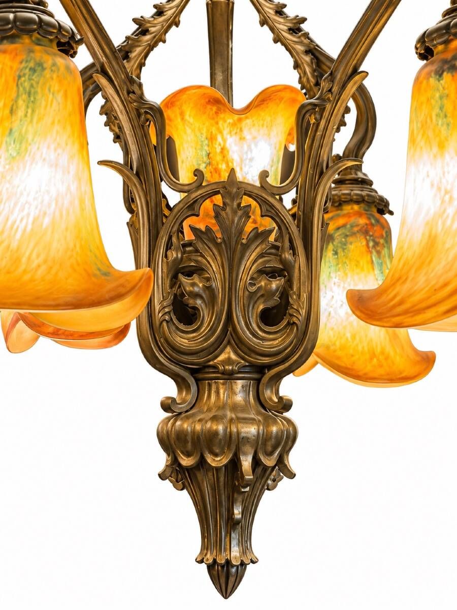 Large 8-light bronze chandelier, Art Nouveau, Nancy School – Around 1900
