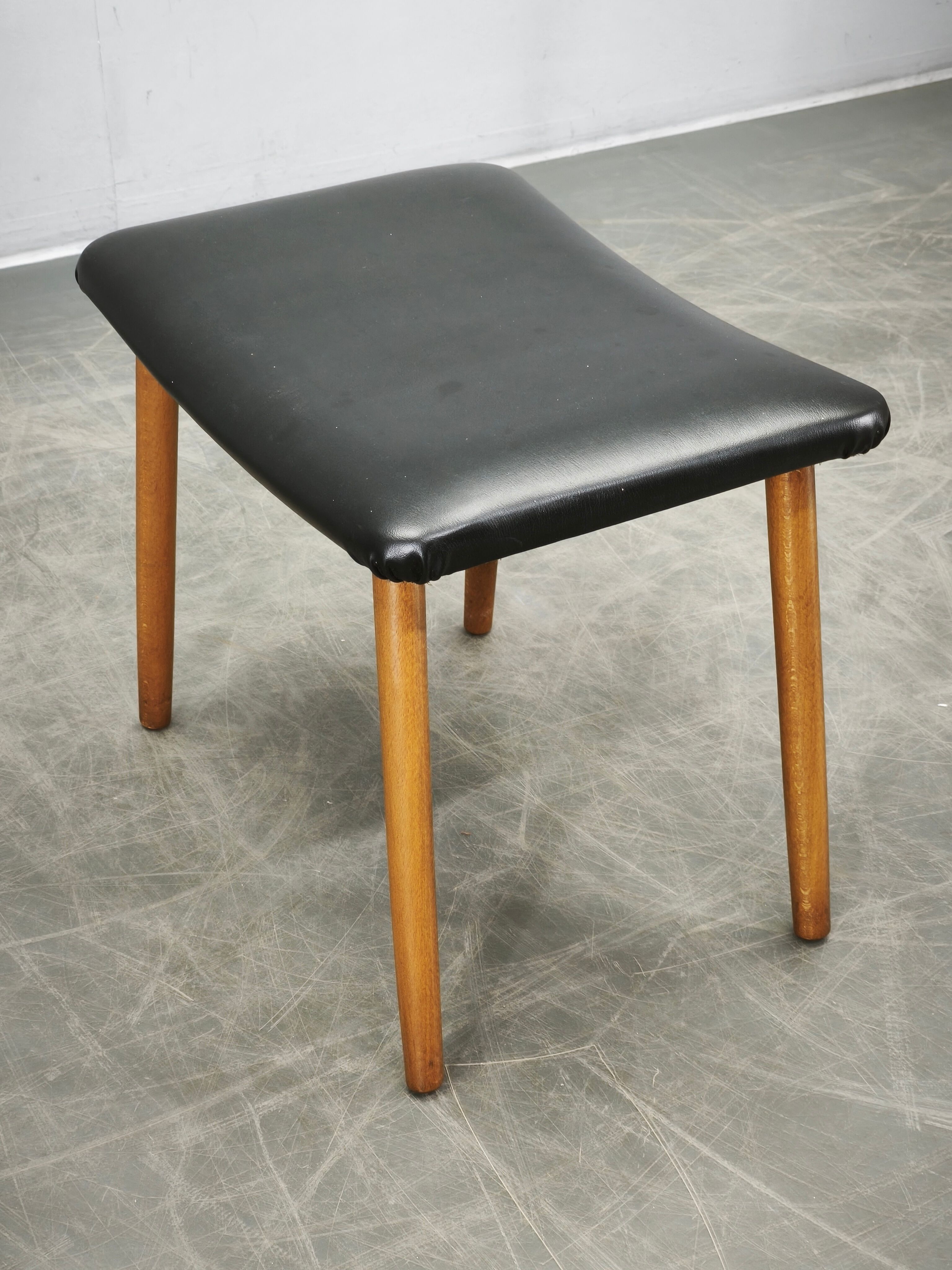 Danish Modern Beech Footstool with Black Vinyl Seat, 1960s