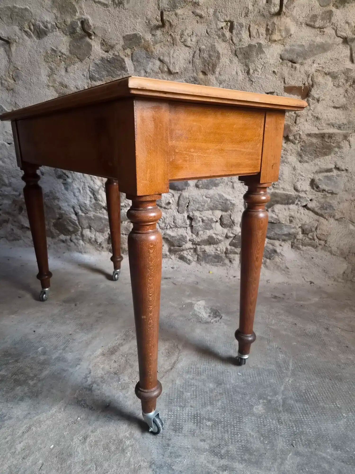 Vintage beech desk with a linoleum top and drawer.