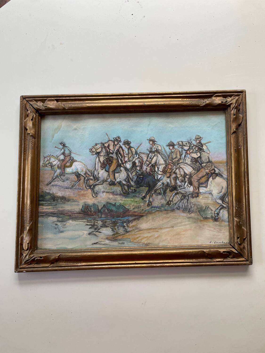 Pastel painting of a horseman scene