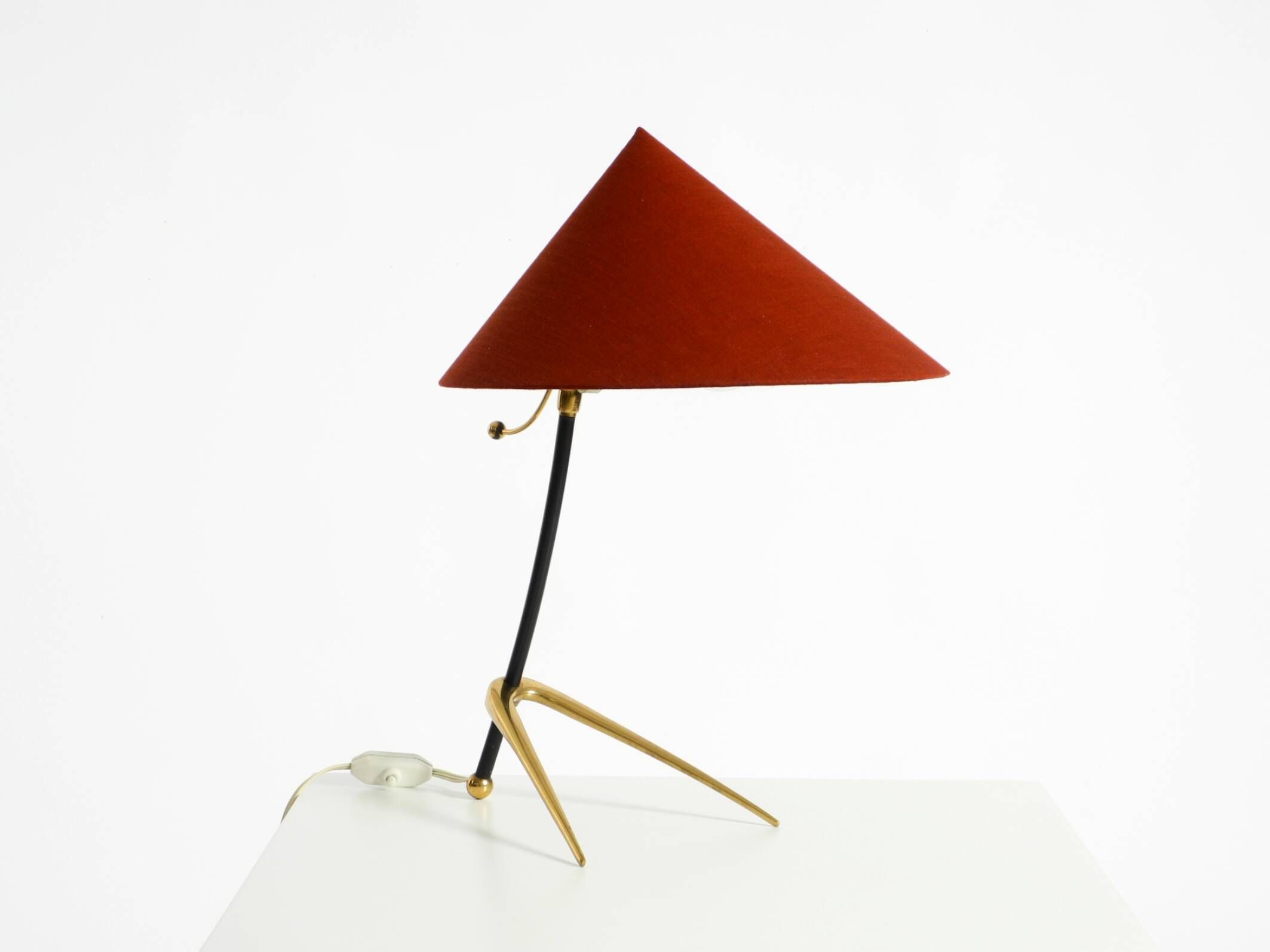 Large Kalmar Mid-Century tripod brass table lamp with a new fabric shade