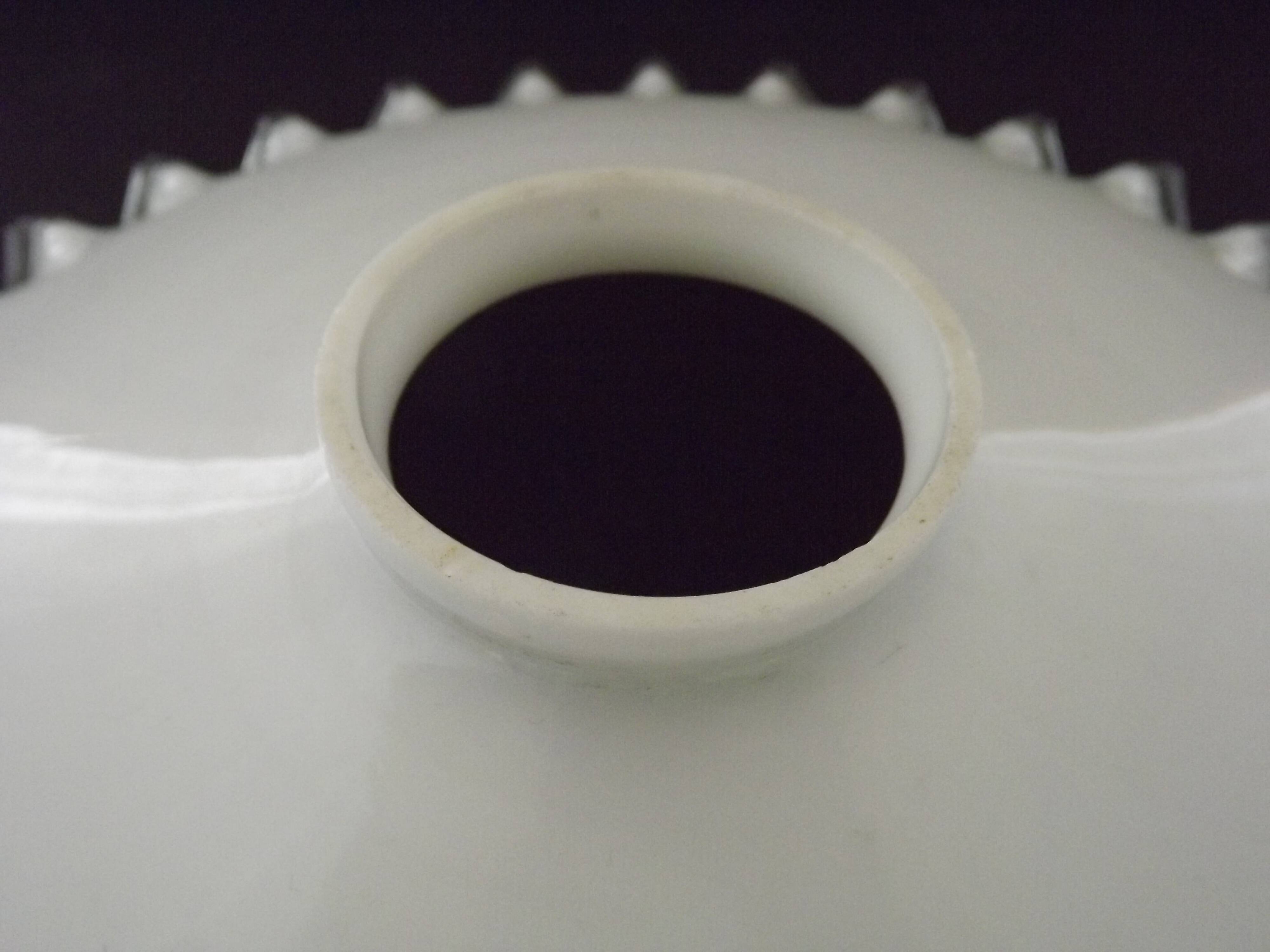 French frilled glass pendant shade, white opaline glass with a clear scalloped edge.