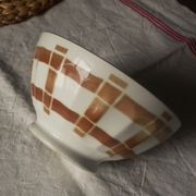 Vintage bowl on foot with brown brown tartan motif white earthenware