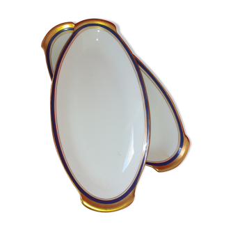 Set de 2 raviers Limoges manufacture royale filets doré mat et bleu.