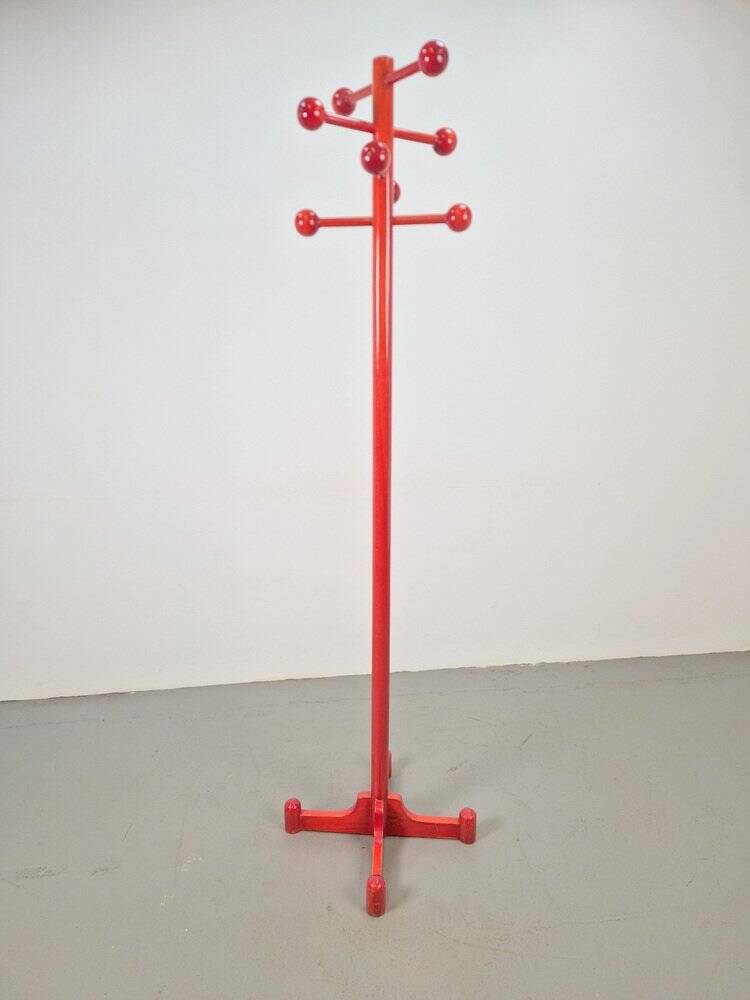 Postmodern Red Stained Beech Coat Rack with Balls, Italy, 1970s