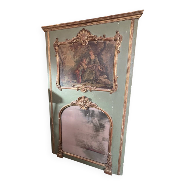 Trumeau ancien Louis XV en bois peint et doré du XVIIIe siècle, huile sur toile scène galante