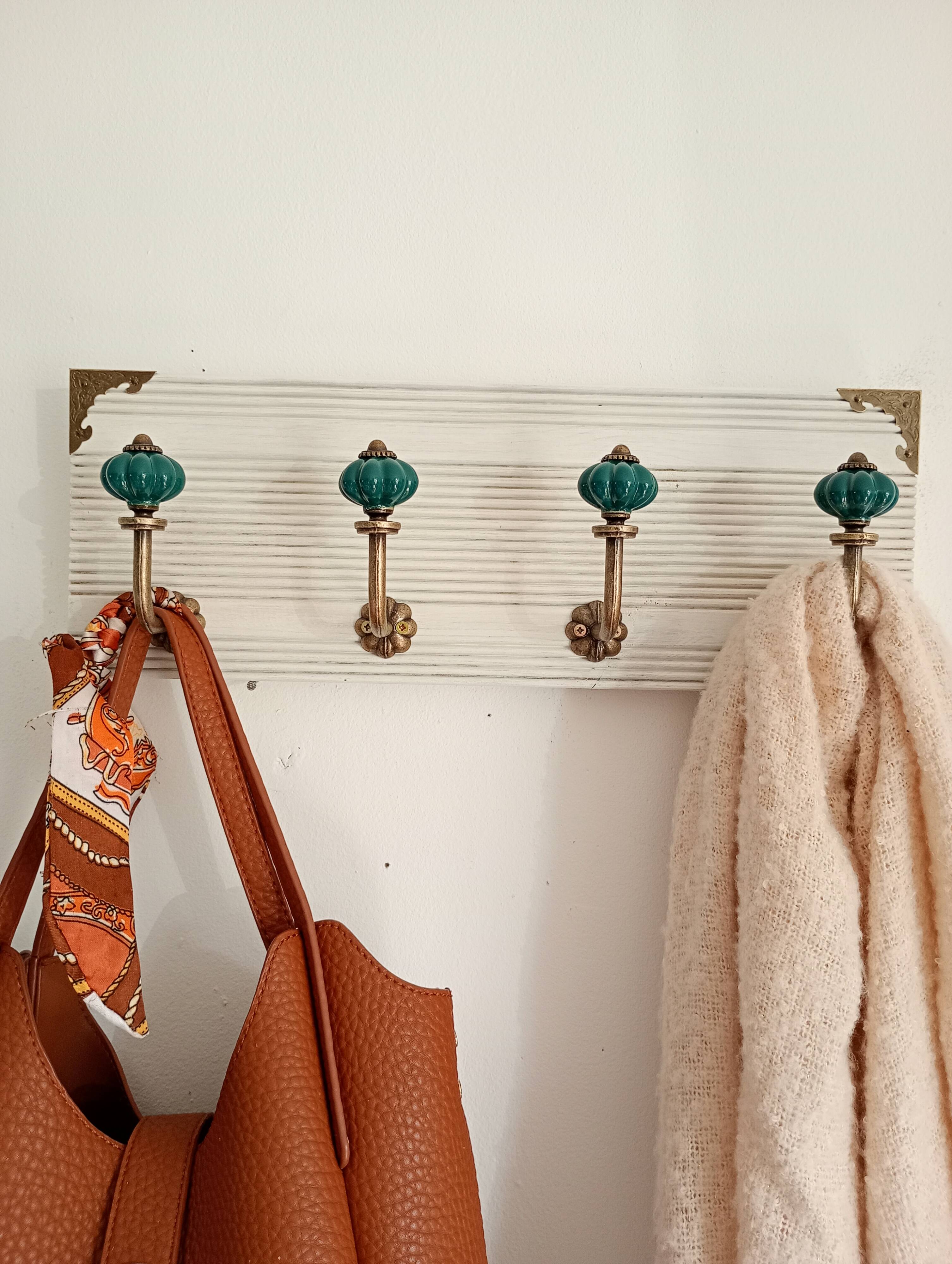 Wall-mounted coat rack in bleached wood and emerald green ceramic hooks –