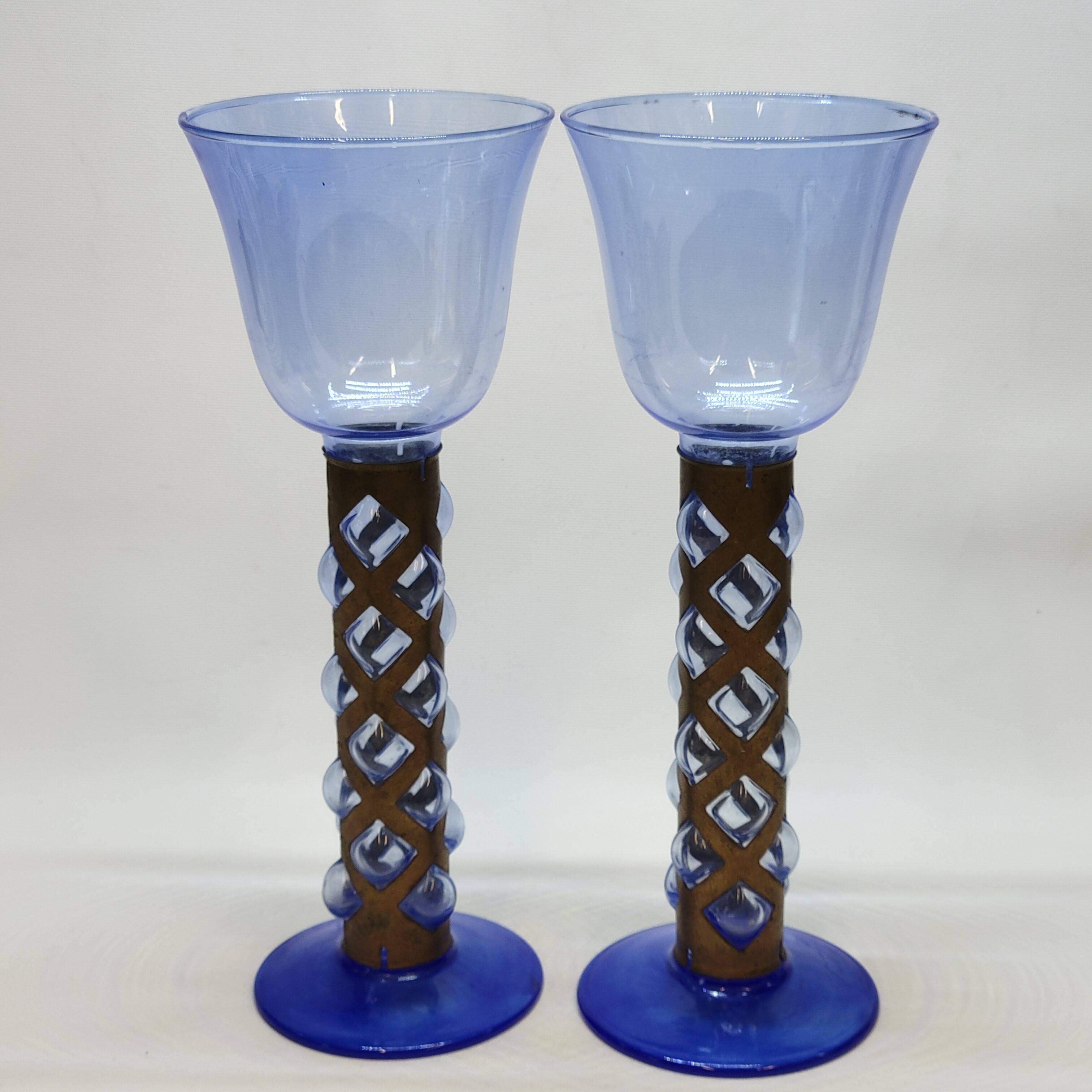 Pair Of Blue Glass Tealight Holders Blown In Cage Dlg Felipe Derflingher