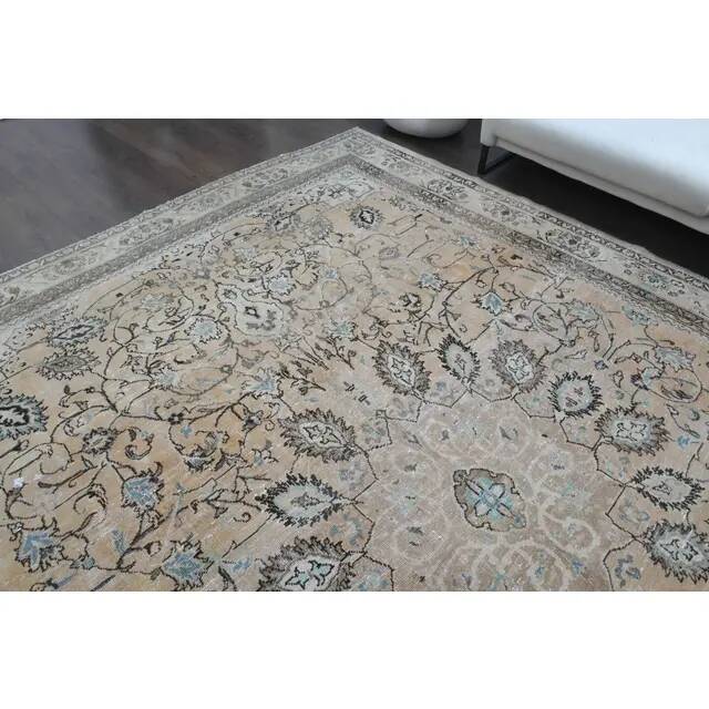 1970s Vintage Persian Handmade Wool Cotton Light Brown Area Rug 276x356