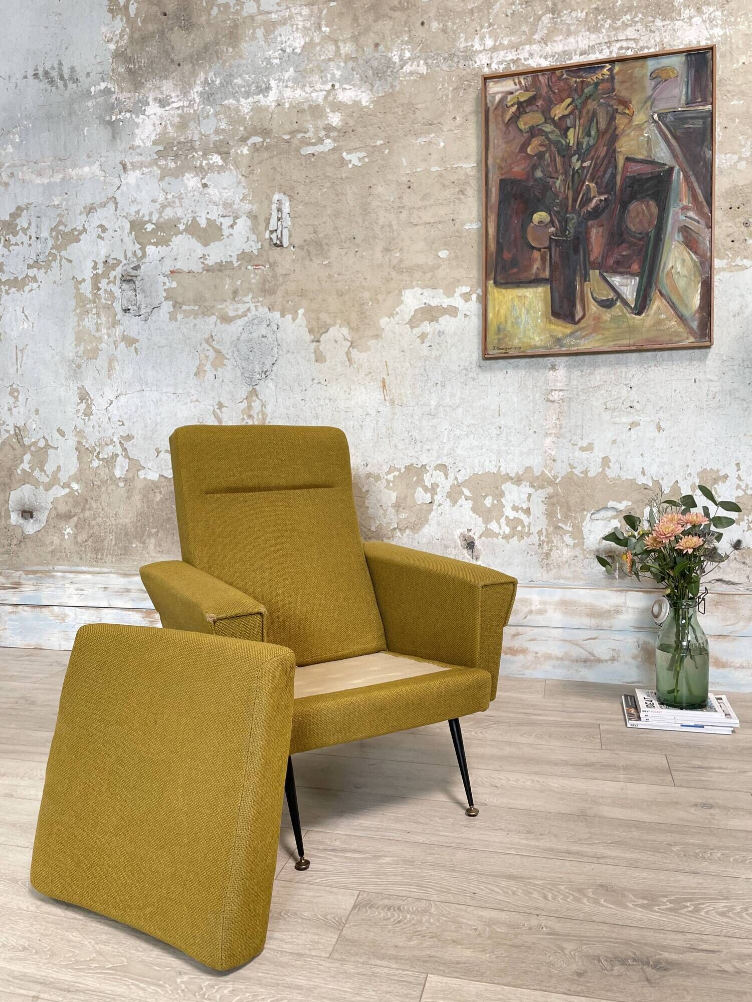 Vintage armchair in fabric and metal compass legs, circa 1950.