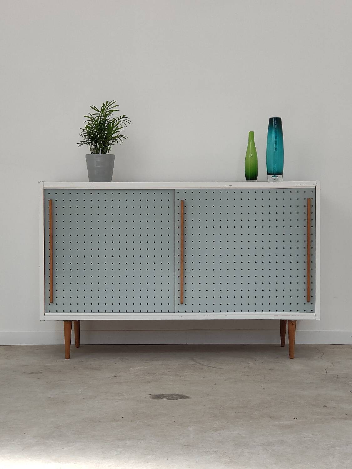 Blue and white chest of drawers by Drevopodnik Brno 1960