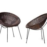 Mid-Century Italian Rattan Armchairs & Table Set, 1950s, Set of 3