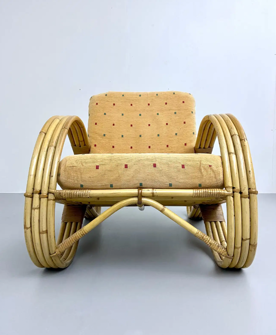 Chaise longue en rotin, bambou et tissu, France, années 1960