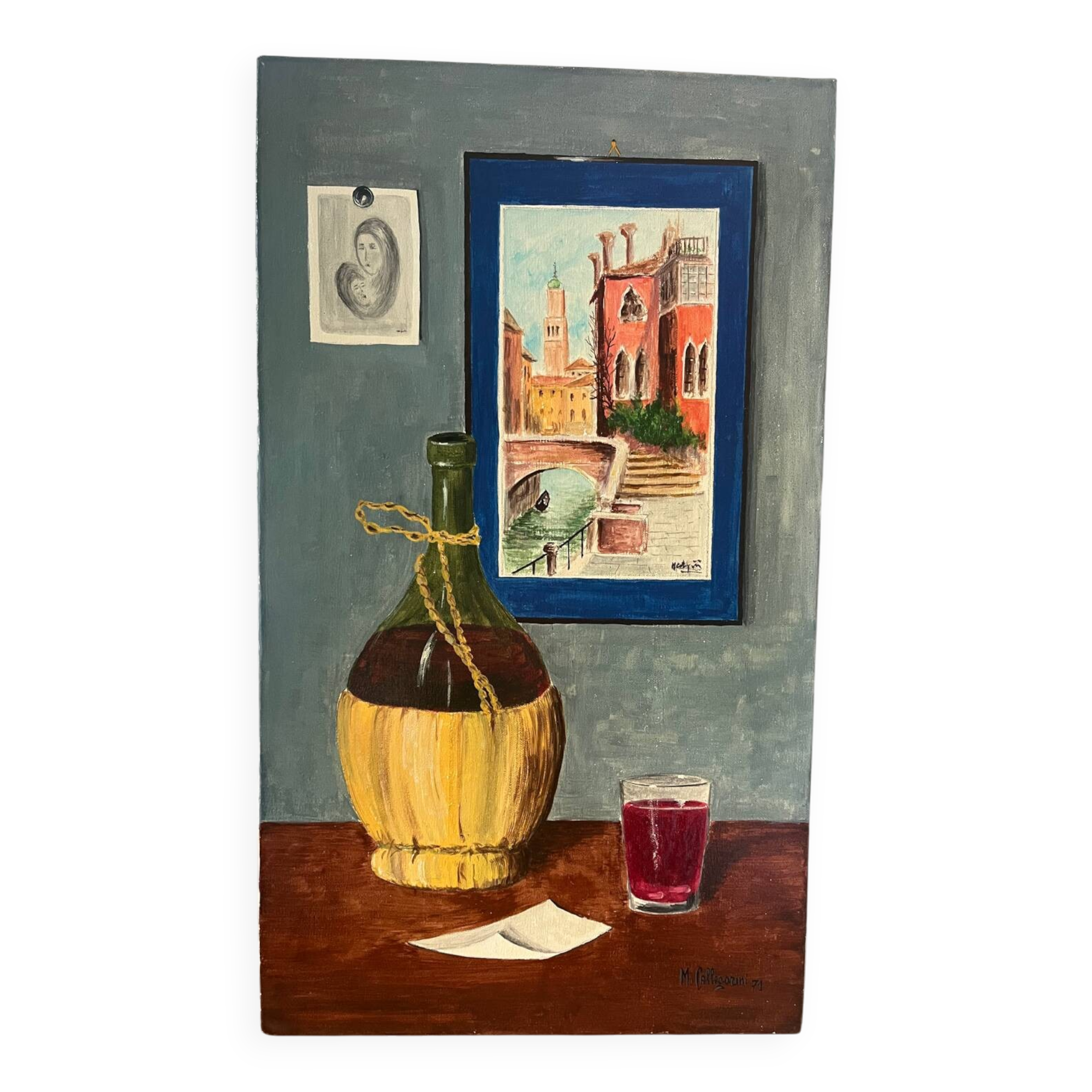 Still life with wine and painting, signed