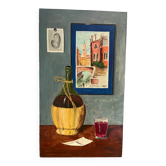 Still life with wine and painting, signed