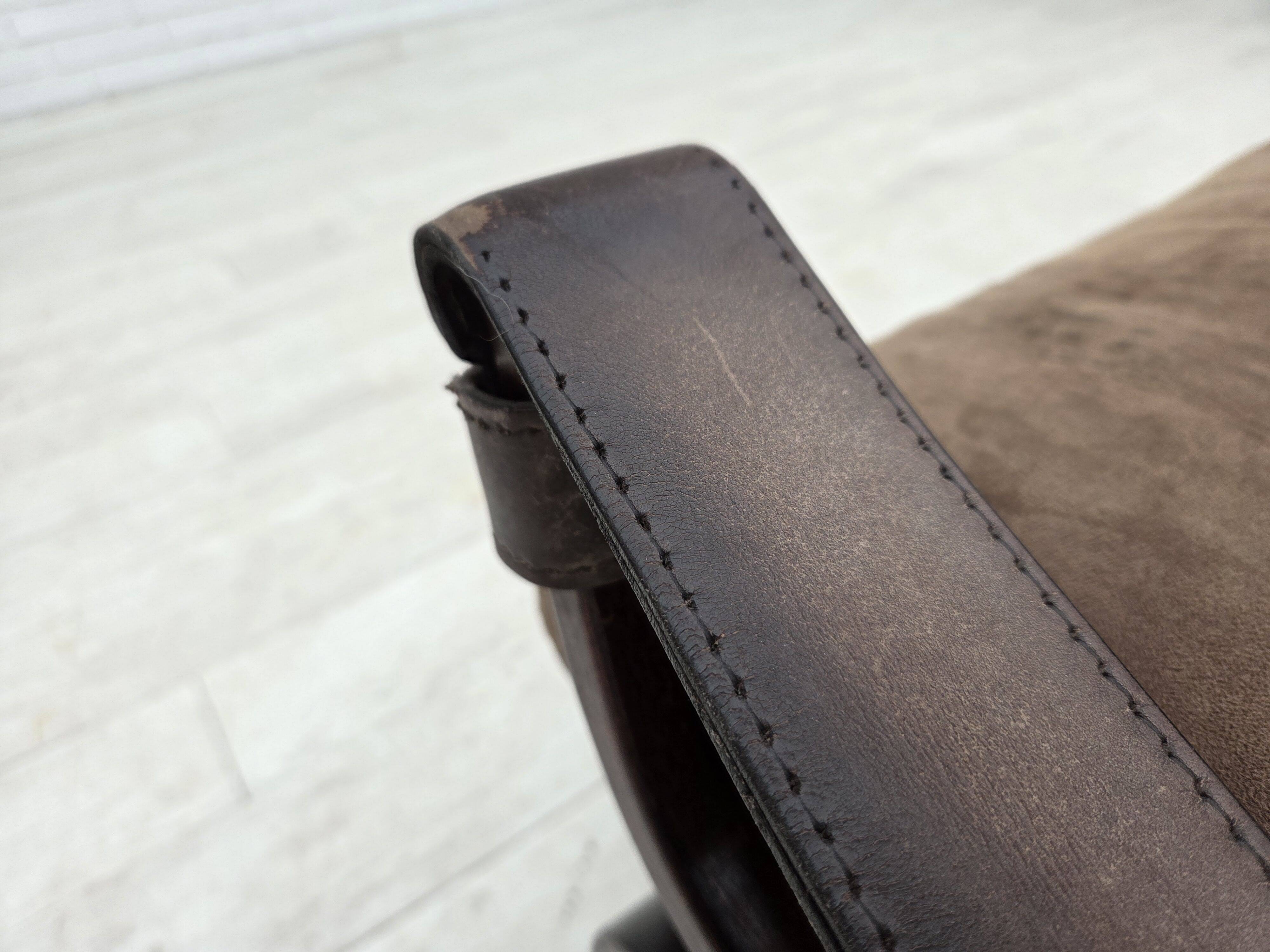 1970s, Scandinavian lounge chair, nubuck leather, canvas, beech wood.