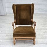 1970s, Scandinavian highback armchair, furniture corduroy, carved oak wood.