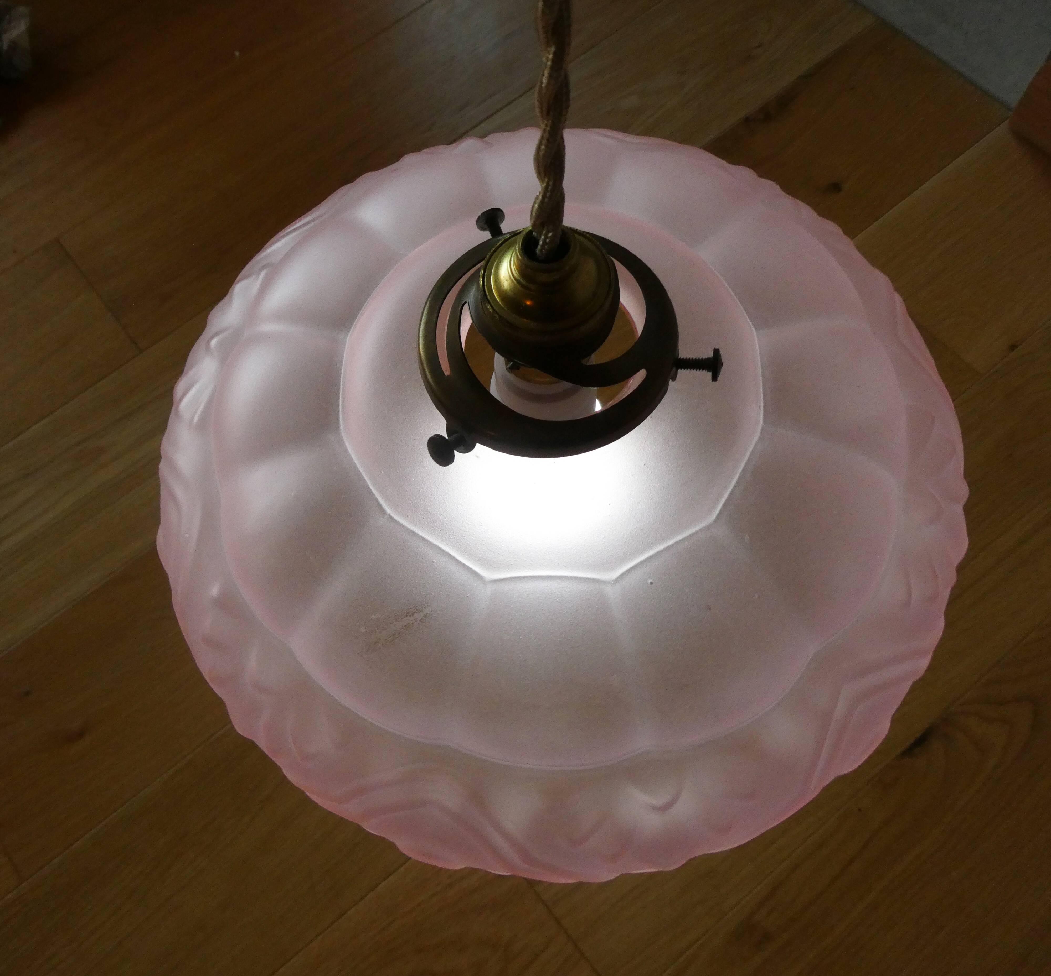 Art Deco pendant lamp in pink frosted glass