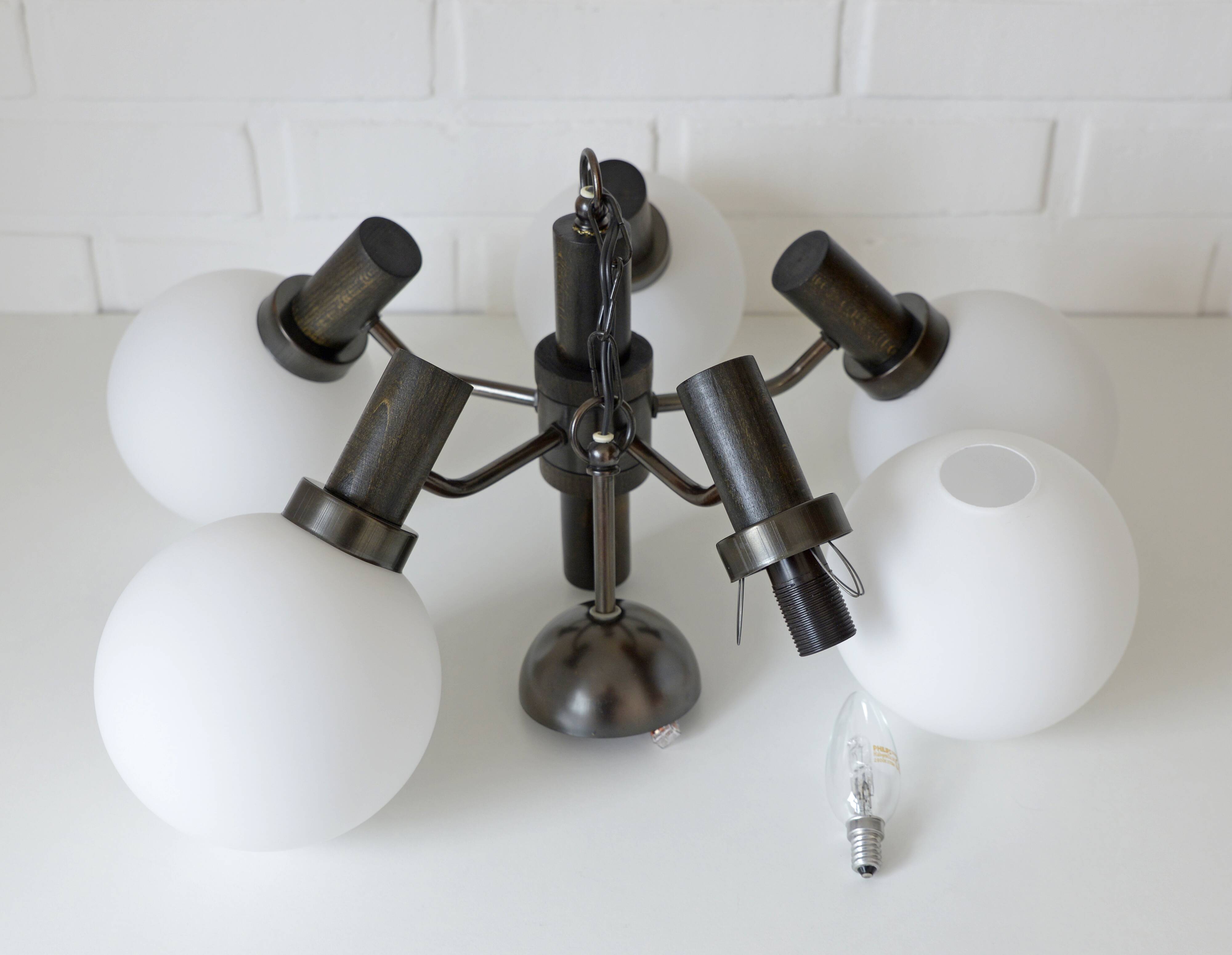 Vintage Wooden Rustic Sputnik / Copper Hanging Lamp /  Chandelier 1970's