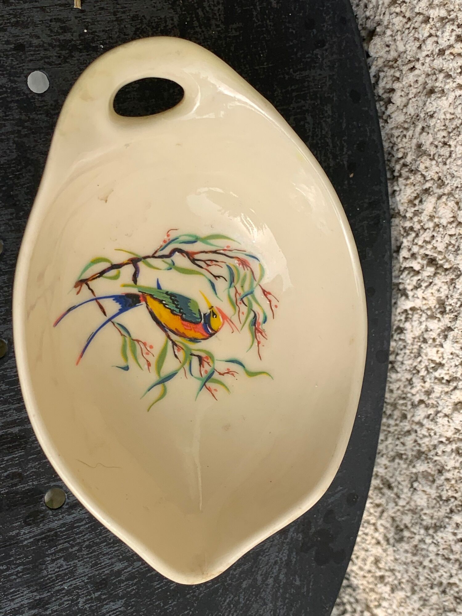 4 enameled ceramic bowls with gold or bird or flower pattern decoration, design and vintage 1950