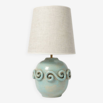 Lampe art déco en céramique turquoise, années 1930.