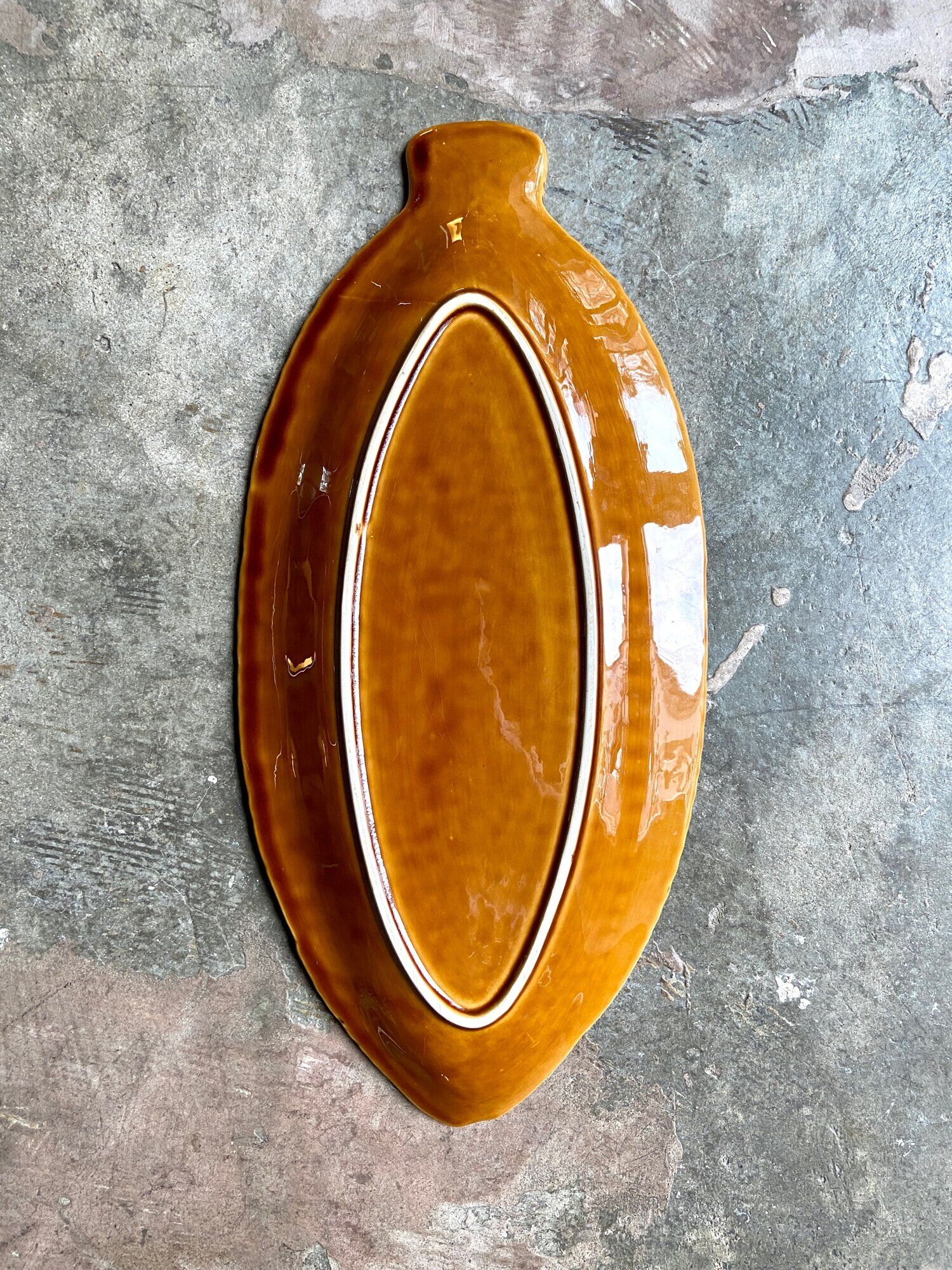 Sarreguemines fish dish in ochre glazed earthenware