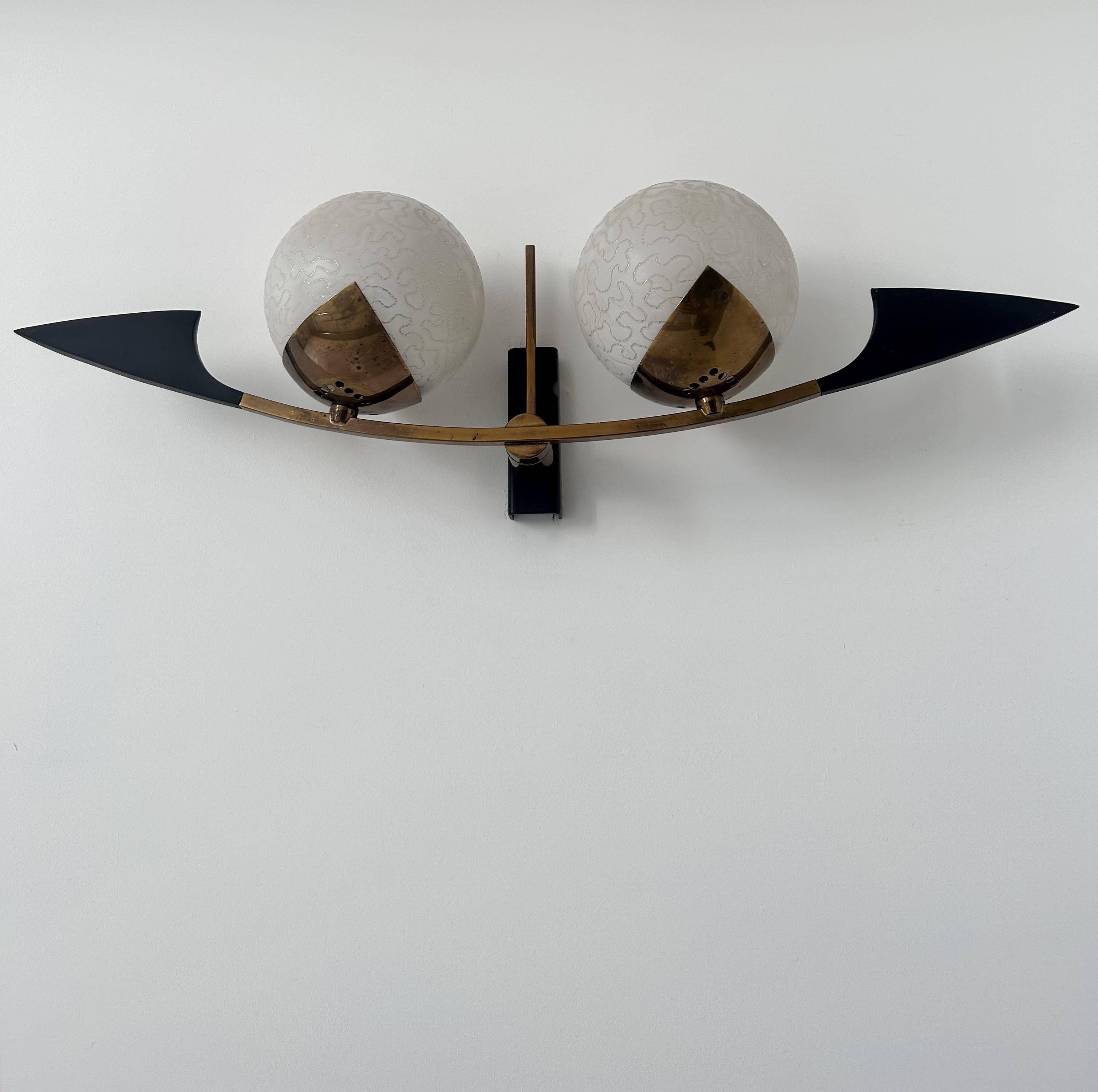 Vintage brass and opaline wall lamp, Arlus, France 1960s