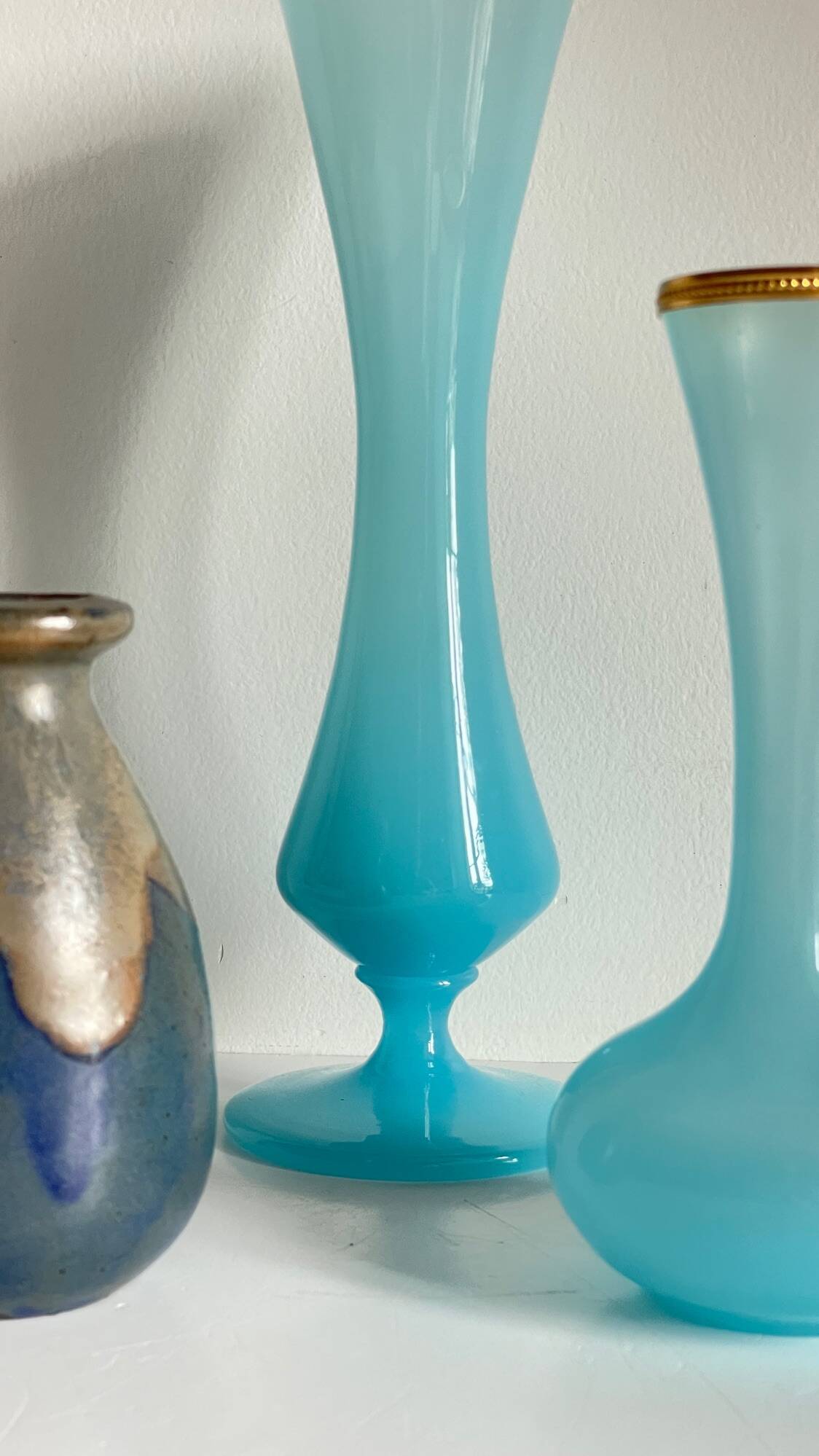 3 VASES Bleu Océan Grès et Verre OPALIN Vintage