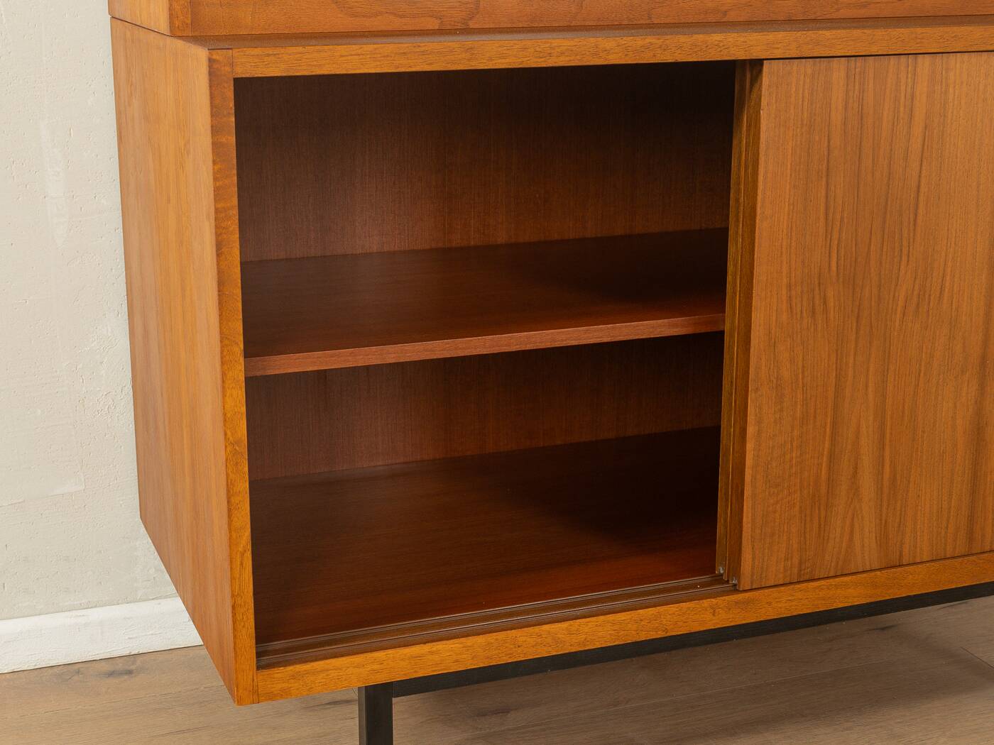 1950s display cabinet, walnut veneer, glass sliding doors