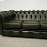 Three-seater green leather Chesterfield sofa