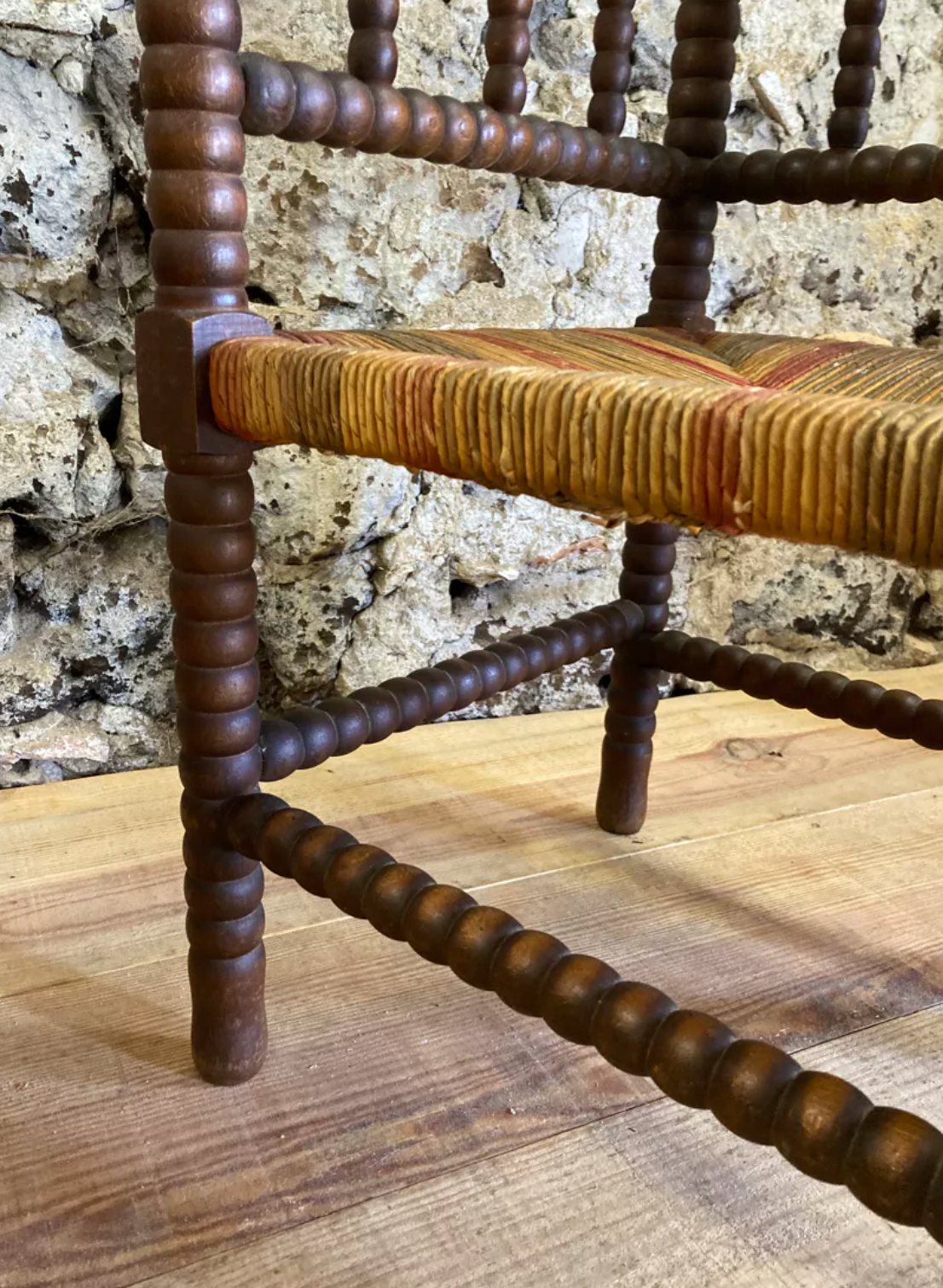 Pair of corner armchairs paillés in turned wood antique multicolored seat