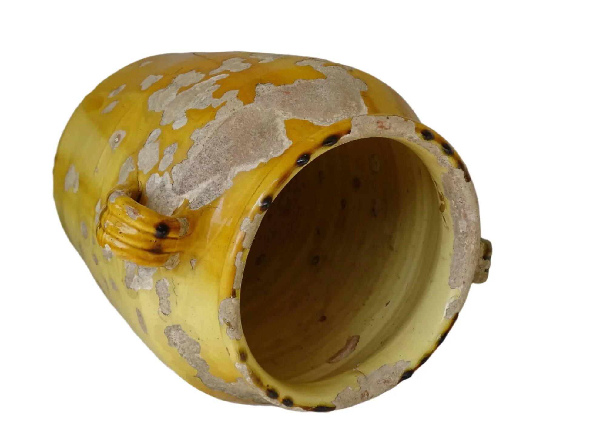 Grande vinaigrette ancienne française à glaçure jaune et verte à motif de pot à confit