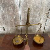 Ancien trébuchet balance de précision bronze doré + boite bois + poids