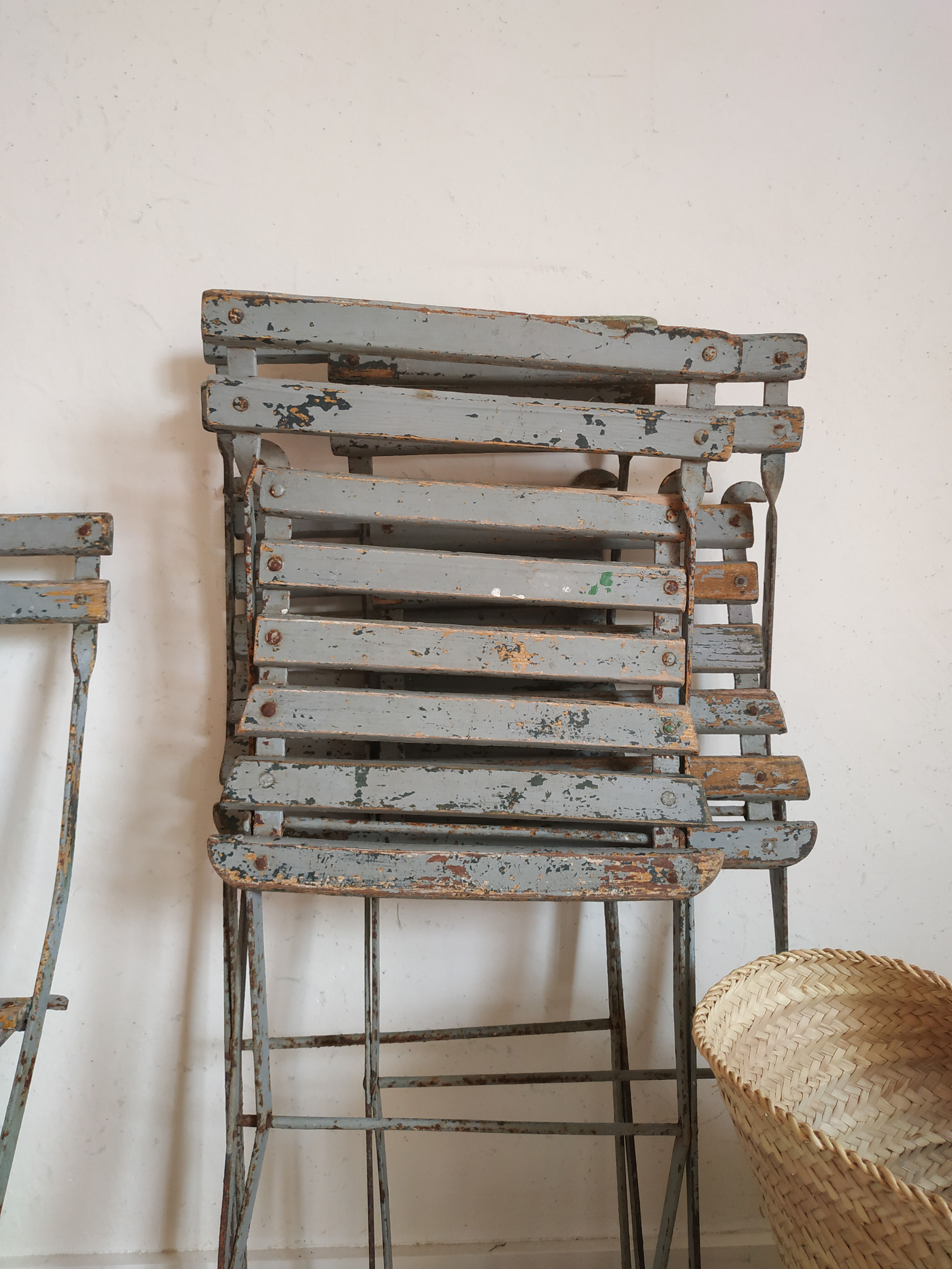 Patinated garden folding chairs - metal and wood -
