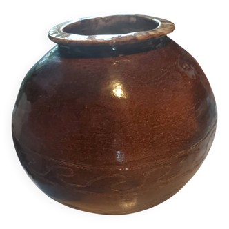 Vase ancien en céramique émaillée marron