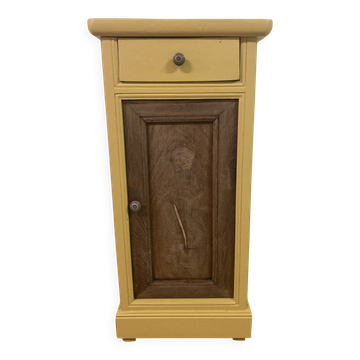 Small vintage side table reimagined – natural wood and mustard yellow