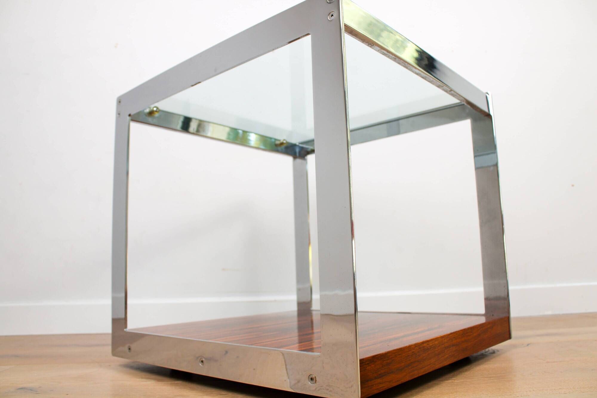 A vintage mid-century glass and rosewood side table by Merrow Associates