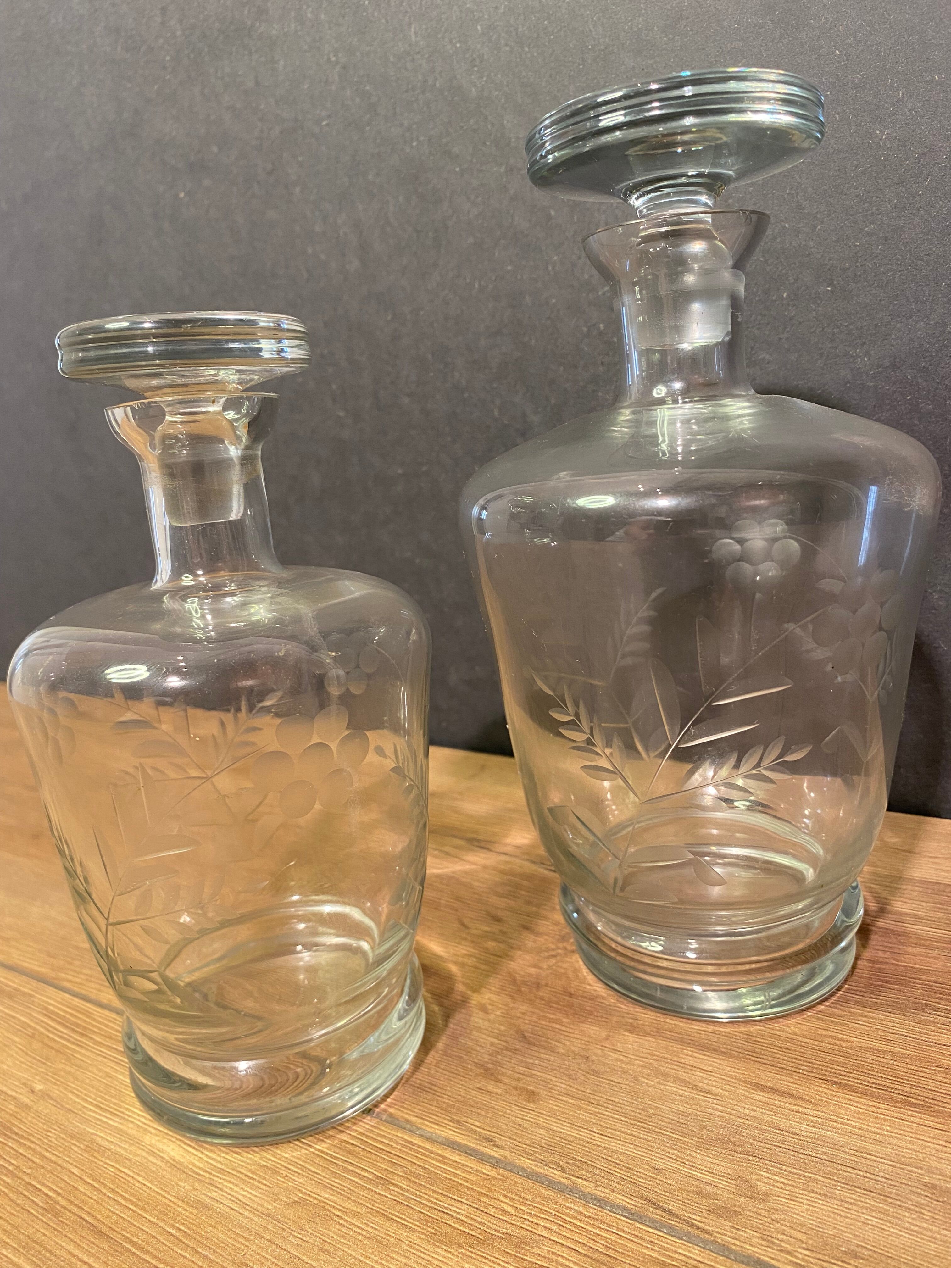 Two carafes in cut glass with vegetal decoration, vintage design
