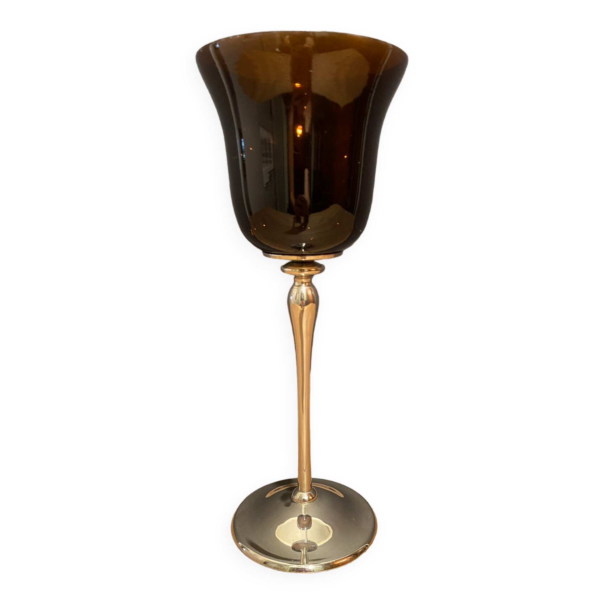 Photophore in tinted glass on high metal foot with silver patina