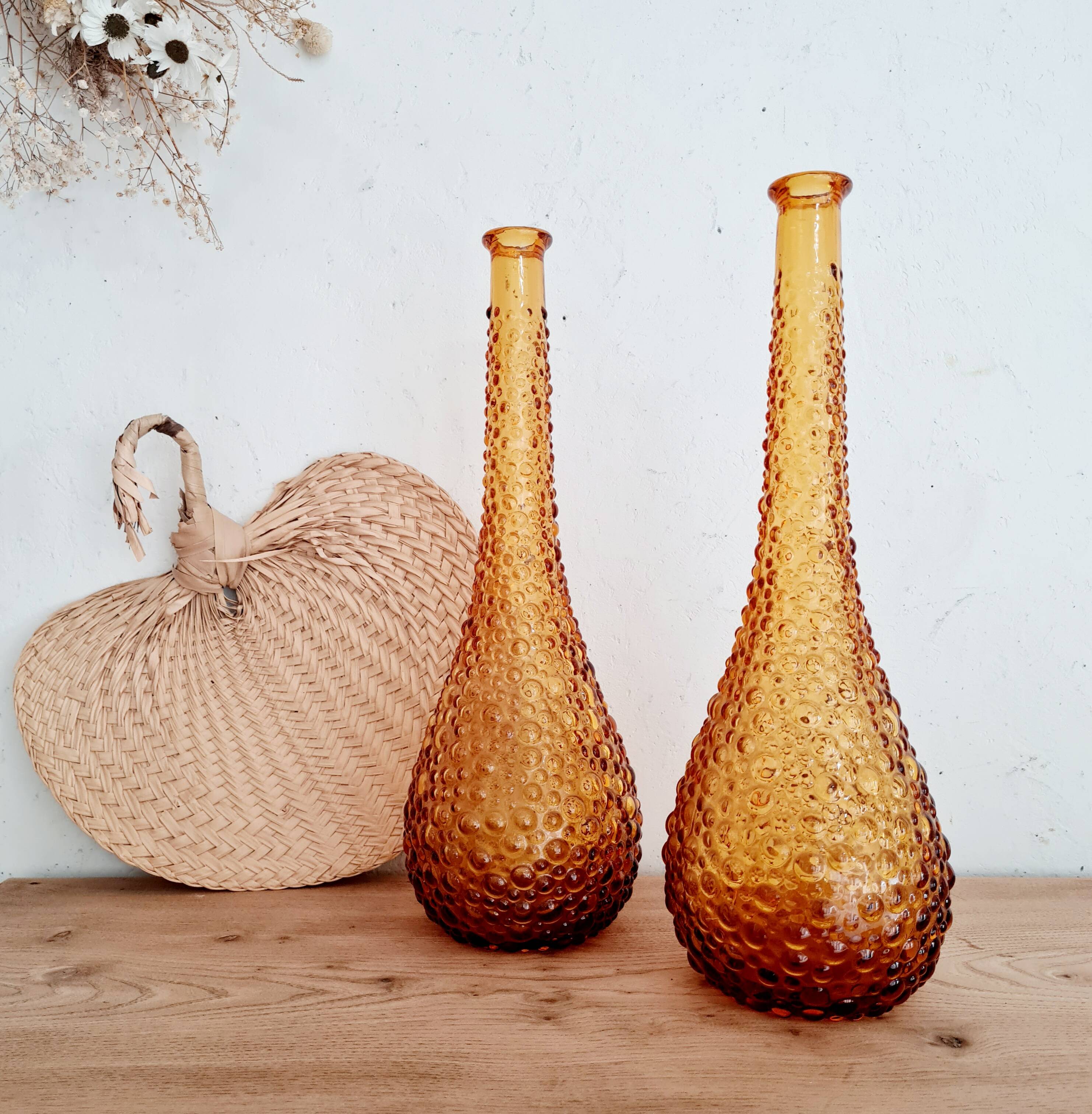 Pair of Italian Empoli vases in amber bubbled glass