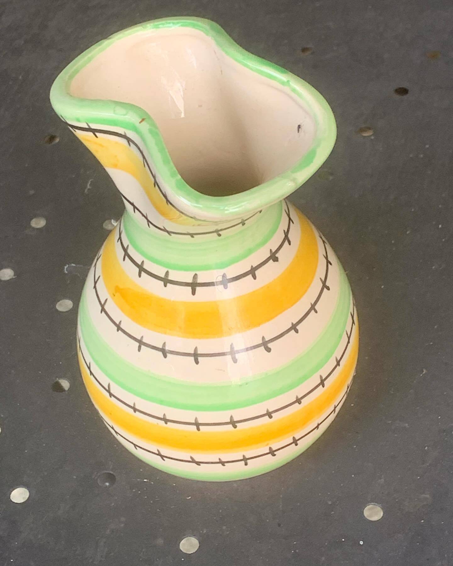 Green and yellow glazed ceramic vase, vintage pattern and design 1950/60