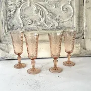 Champagne flutes set of 4, pink French swirl glass stemware