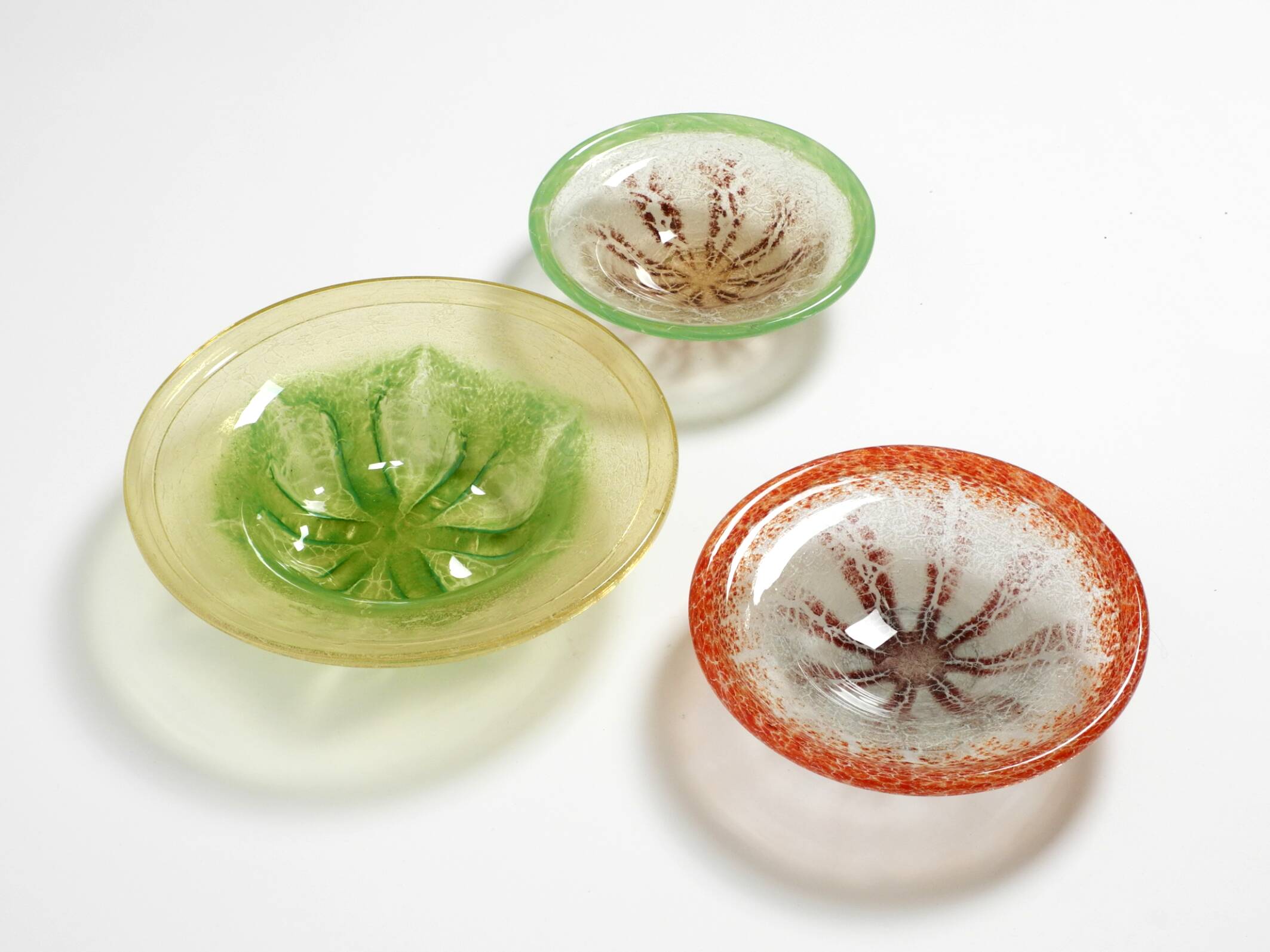 Three large colored 1930s glass bowls by Karl Wiedmann for WMF Ikora