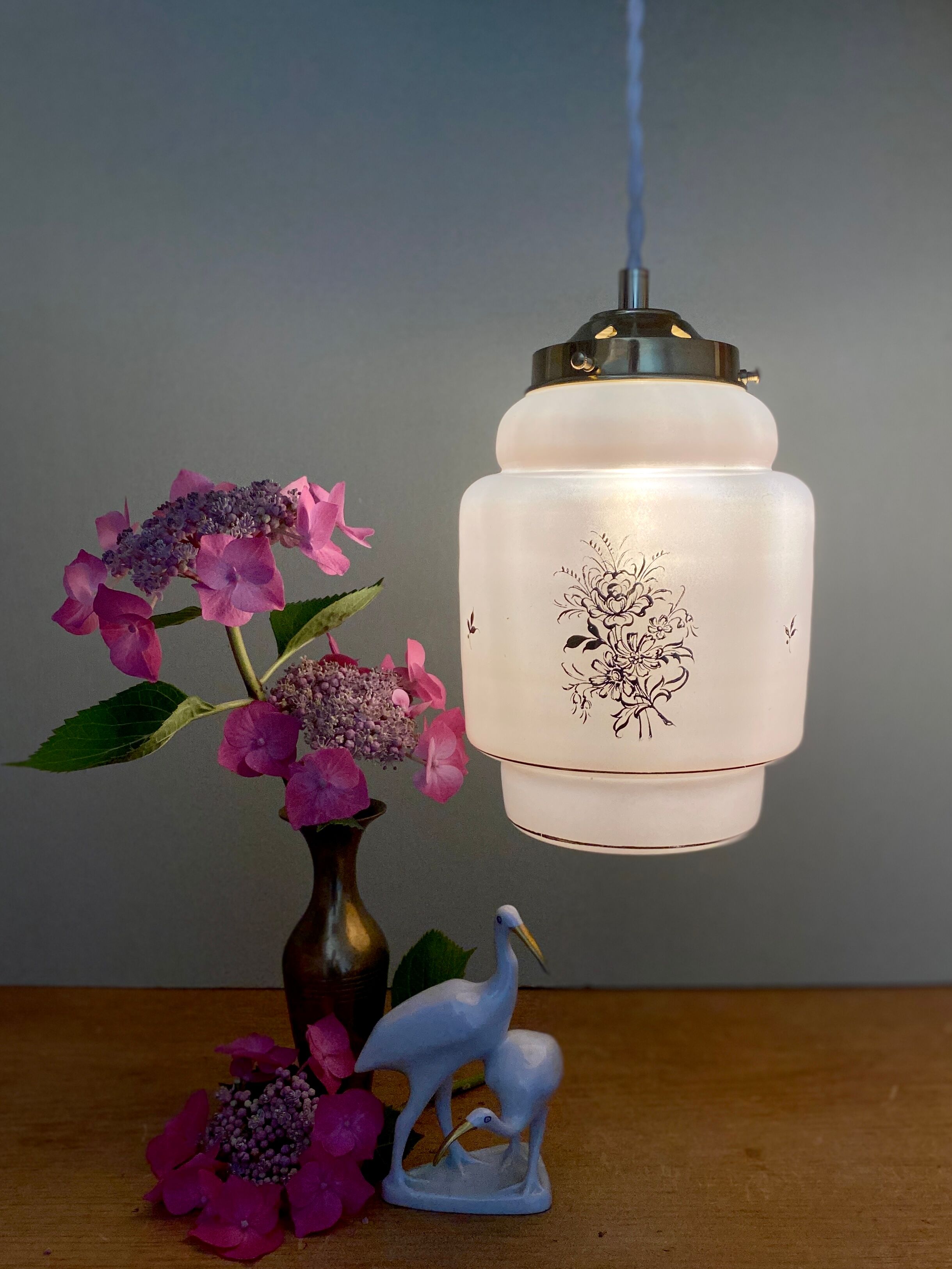 Vintage pink opaline globe pendant lamp with gold designs