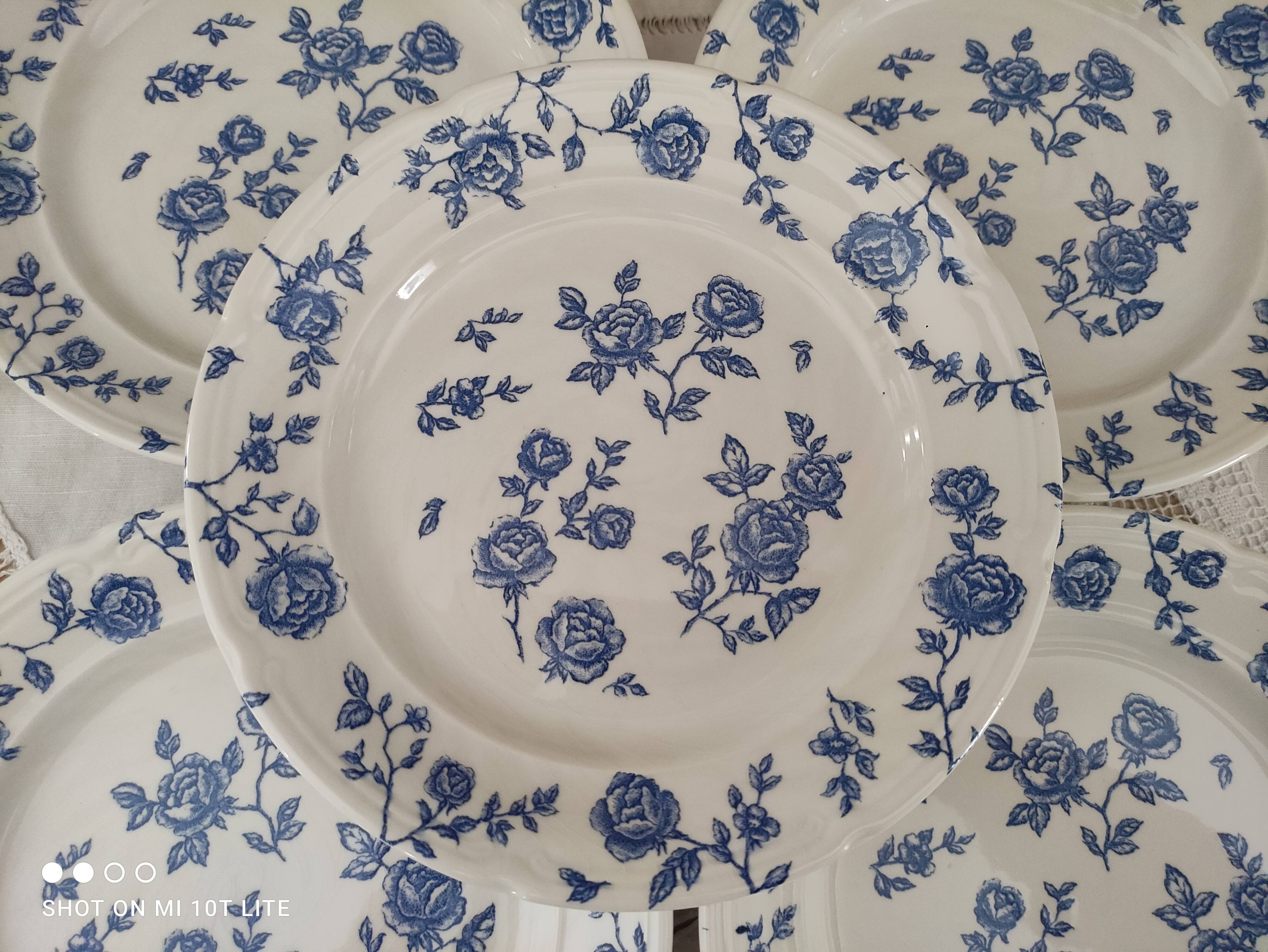 Lot de 6 assiettes à dessert en faïence décor roses anciennes bleues