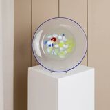 XL Vintage Murano Glass Bowl with Blue Rim and Multicolor Dots – Mouth-Blown Italian Glass, 1980s Pop Art